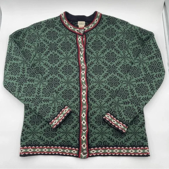 LL Bean Womens Vintage Fair Isle Cotton Nordic Cardigan Sweater Size Medium - Picture 5 of 14